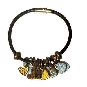 Demdaco Leather Cord Heart Giving Charm Bracelet Gold Silver Tone Magnetic Clasp